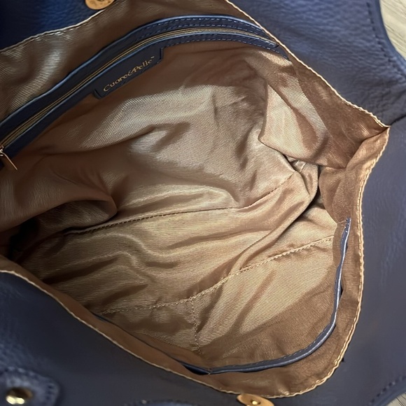 CUORE & PELLE 100% BLUE PEBBLED LEATHER HANDBAG WITH GOLD HARDWARE - Picture 9 of 16